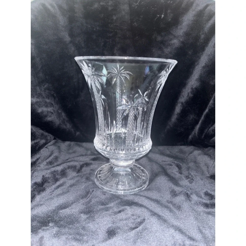 Crystal Palm Tree Vase Unisex 8in Clear Excellent Etched Coastal Hurricane‎